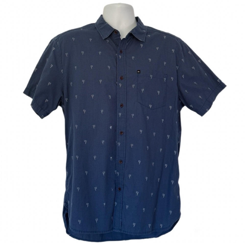 Quiksilver Men’s Modern Fit Shirt L Blue Palm Tree Print Button-Up Surf Style